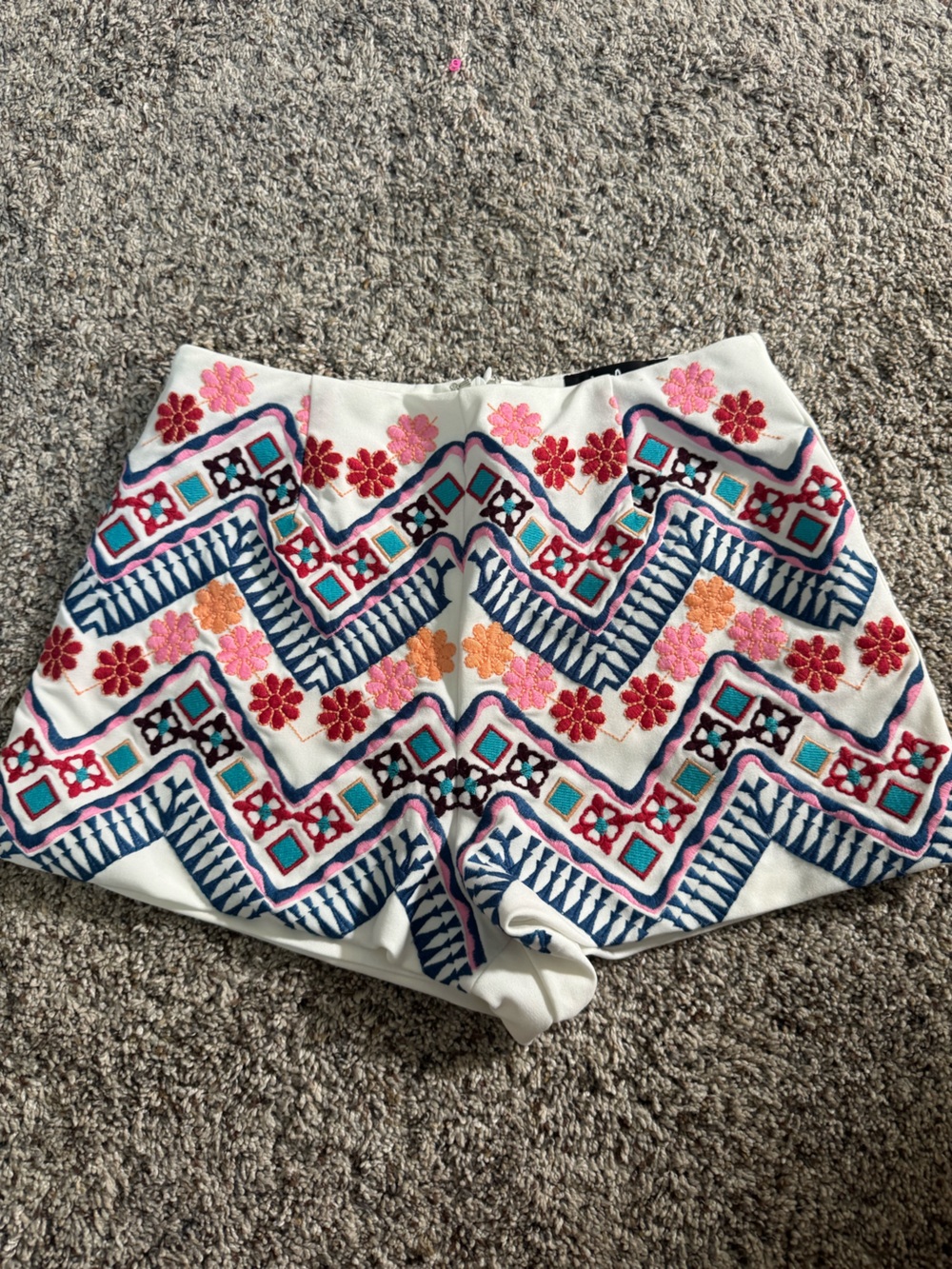 Lulu's White Mini Shorts with Multicolor Embroidered Chevron & Floral Motifs